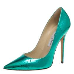 Pre Owned حذاء كعب عالي جيمي تشو أبل جلد ثعبان أخضر ميتاليك مقاس 39.5