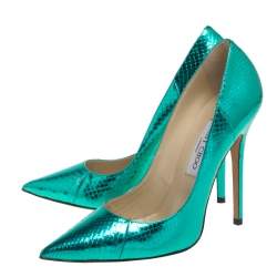 Pre Owned حذاء كعب عالي جيمي تشو أبل جلد ثعبان أخضر ميتاليك مقاس 39.5