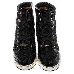 Pre Owned Jimmy Choo Black Lace And Patent Leather Wedge Panama  Sneakers Size 37.5