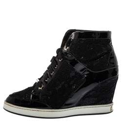 Pre Owned Jimmy Choo Black Lace And Patent Leather Wedge Panama  Sneakers Size 37.5