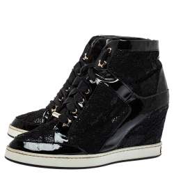 Pre Owned Jimmy Choo Black Lace And Patent Leather Wedge Panama  Sneakers Size 37.5