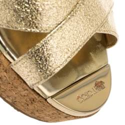 Jimmy Choo Gold Patent Leather Prima Cork Wedge Platform Sandals Size 41