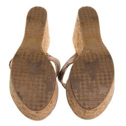 Pre Owned Jimmy Choo Beige/Brown Python Embossed Leather Thong Wedge Sandals Size 37