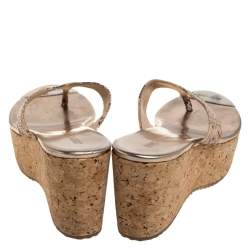 Pre Owned Jimmy Choo Beige/Brown Python Embossed Leather Thong Wedge Sandals Size 37