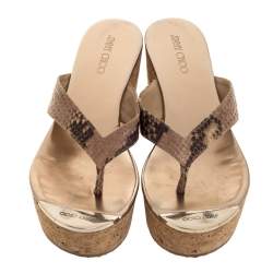 Pre Owned Jimmy Choo Beige/Brown Python Embossed Leather Thong Wedge Sandals Size 37