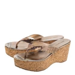 Pre Owned Jimmy Choo Beige/Brown Python Embossed Leather Thong Wedge Sandals Size 37