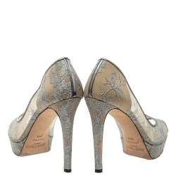 Pre Owned Jimmy Choo Grey Lace Luna Peep Toe Platform Pumps Size 38.5