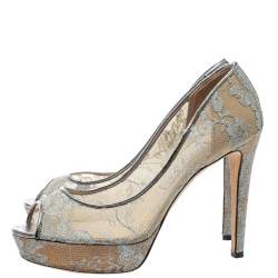 Pre Owned Jimmy Choo Grey Lace Luna Peep Toe Platform Pumps Size 38.5