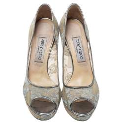 Pre Owned Jimmy Choo Grey Lace Luna Peep Toe Platform Pumps Size 38.5