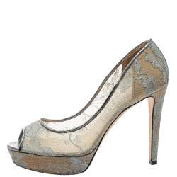 Pre Owned Jimmy Choo Grey Lace Luna Peep Toe Platform Pumps Size 38.5