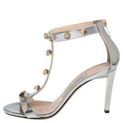 Pre Owned Jimmy Choo Silver Leather Studded Sandals Size 35