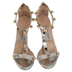 Pre Owned Jimmy Choo Silver Leather Studded Sandals Size 35