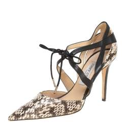 Pre Owned Jimmy Choo Beige/Black Leather and Snakeskin Lapris Pumps Size 38.5
