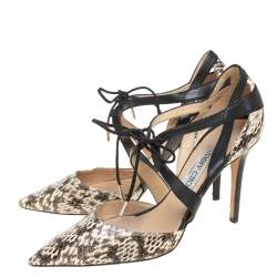 Pre Owned Jimmy Choo Beige/Black Leather and Snakeskin Lapris Pumps Size 38.5