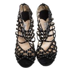 Pre Owned Jimmy Choo Black Suede Crystal Embellished Strappy Sandals Size 40