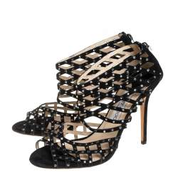 Pre Owned Jimmy Choo Black Suede Crystal Embellished Strappy Sandals Size 40