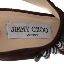 Jimmy Choo Brown Suede Beaded T-strap Tribal Sandals Size 38.5