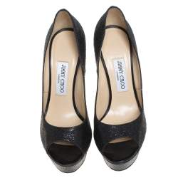 Pre Owned Jimmy Choo Black Glitter Fabric Luna Peep Toe Platform Pumps Size 39
