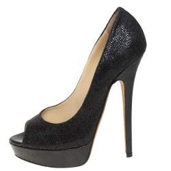 Pre Owned Jimmy Choo Black Glitter Fabric Luna Peep Toe Platform Pumps Size 39
