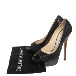 Pre Owned Jimmy Choo Black Glitter Fabric Luna Peep Toe Platform Pumps Size 39