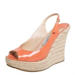 Jimmy Choo Orange Patent Leather Espadrille Wedge Slingback Sandals Size 38.5