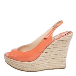 Jimmy Choo Orange Patent Leather Espadrille Wedge Slingback Sandals Size 38.5