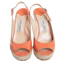 Jimmy Choo Orange Patent Leather Espadrille Wedge Slingback Sandals Size 38.5