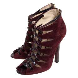 Pre Owned Jimmy Choo Burgundy Suede And Python Ankle Boots Size 37
