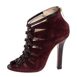 Pre Owned Jimmy Choo Burgundy Suede And Python Ankle Boots Size 37