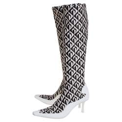 مملوكة مسبقًا Jimmy Choo White/Black Leather And Stretch Fabric Knee High Boots Size 37