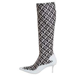 مملوكة مسبقًا Jimmy Choo White/Black Leather And Stretch Fabric Knee High Boots Size 37