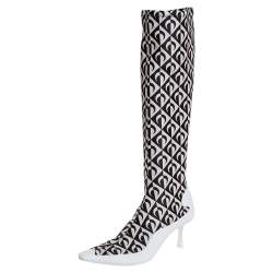 Pre Owned Jimmy Choo White/Black Leather And Stretch Fabric Knee High Boots Size 37