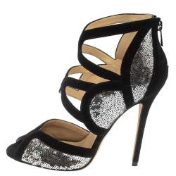 Jimmy Choo Silver/Black Suede and Sequins Tempest Sandals Size 38.5