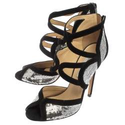 Jimmy Choo Silver/Black Suede and Sequins Tempest Sandals Size 38.5