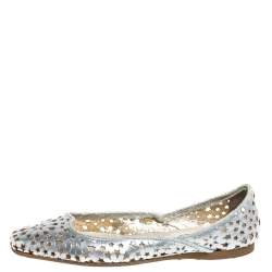 Pre Owned Jimmy Choo Silver Leather Laser Cut Ballet Flats Size 41