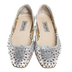 Pre Owned Jimmy Choo Silver Leather Laser Cut Ballet Flats Size 41