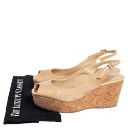 Pre Owned Jimmy Choo Beige Patent Leather  Cork Wedge Sandals Size 39