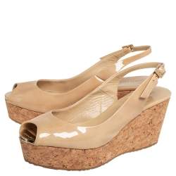 Pre Owned Jimmy Choo Beige Patent Leather  Cork Wedge Sandals Size 39