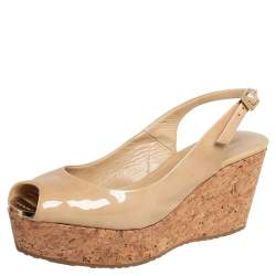 Pre Owned Jimmy Choo Beige Patent Leather  Cork Wedge Sandals Size 39
