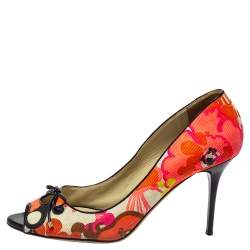 Jimmy Choo Multicolor Floral Print Canvas Bow Peep Toe Pumps Size 40