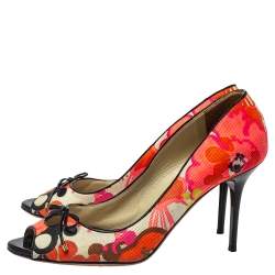 Jimmy Choo Multicolor Floral Print Canvas Bow Peep Toe Pumps Size 40
