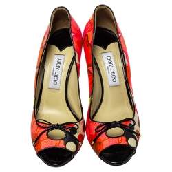 Jimmy Choo Multicolor Floral Print Canvas Bow Peep Toe Pumps Size 40