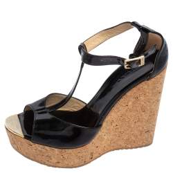 Pre Owned Jimmy Choo Black Patent Leather Cork Wedge Sandals Size 38