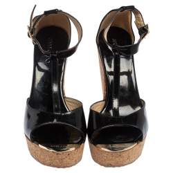 Pre Owned Jimmy Choo Black Patent Leather Cork Wedge Sandals Size 38