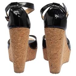 Pre Owned Jimmy Choo Black Patent Leather Cork Wedge Sandals Size 38