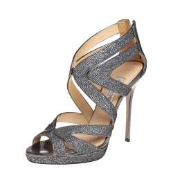 Pre Owned Jimmy Choo Metallic Grey Glitter And Lurex Collar Platform Sandals Size 37