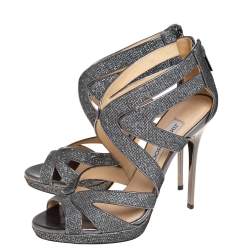Jimmy Choo Metallic Grey Glitter And Lurex Collar Platform Sandals Size 37