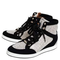 Pre Owned Jimmy Choo White/Black Suede And Snakeskin Embossed High Top Sneakers Size 38.5
