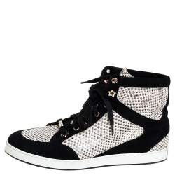Pre Owned Jimmy Choo White/Black Suede And Snakeskin Embossed High Top Sneakers Size 38.5