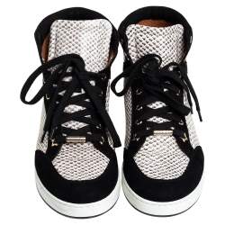 Pre Owned Jimmy Choo White/Black Suede And Snakeskin Embossed High Top Sneakers Size 38.5
